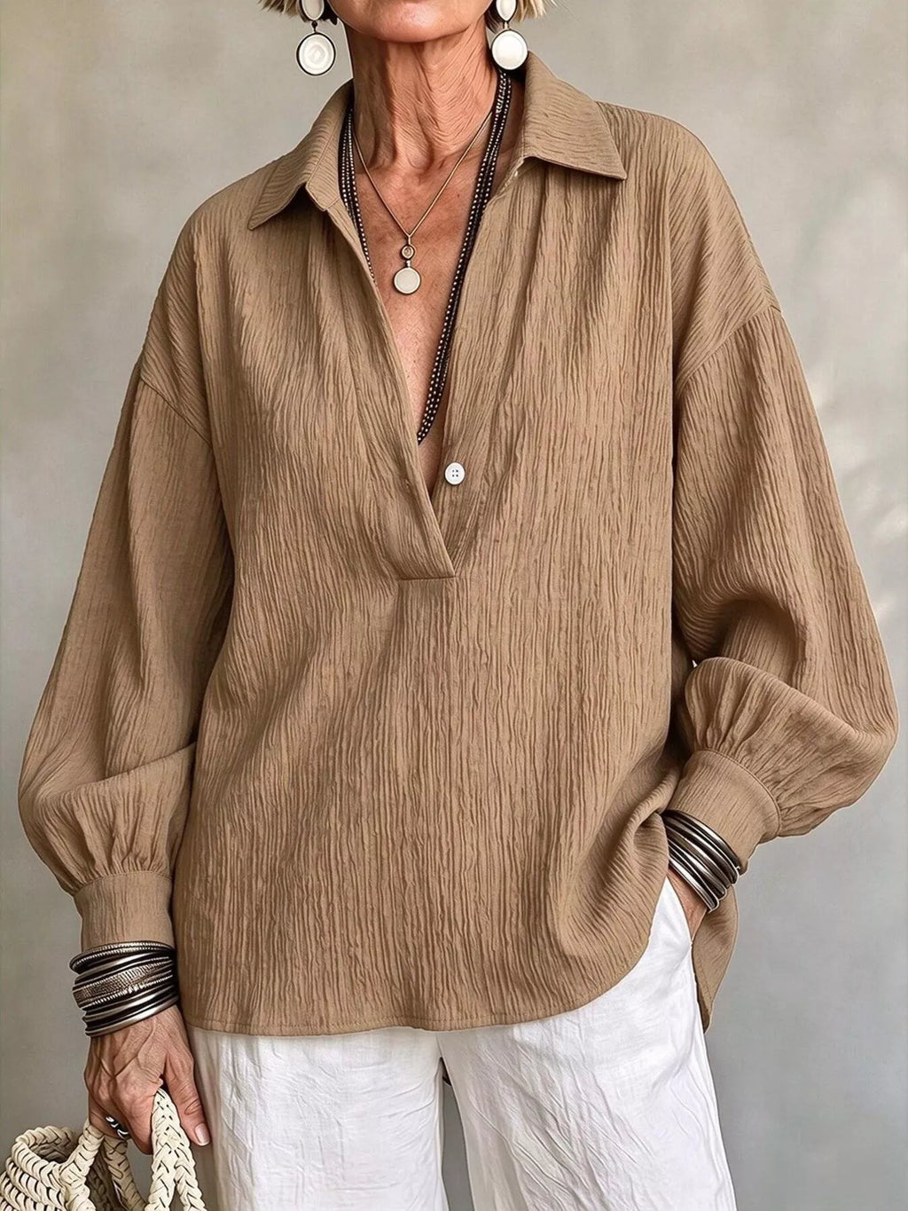 Full Size Textured Lantern Sleeves Blouse Plus Size