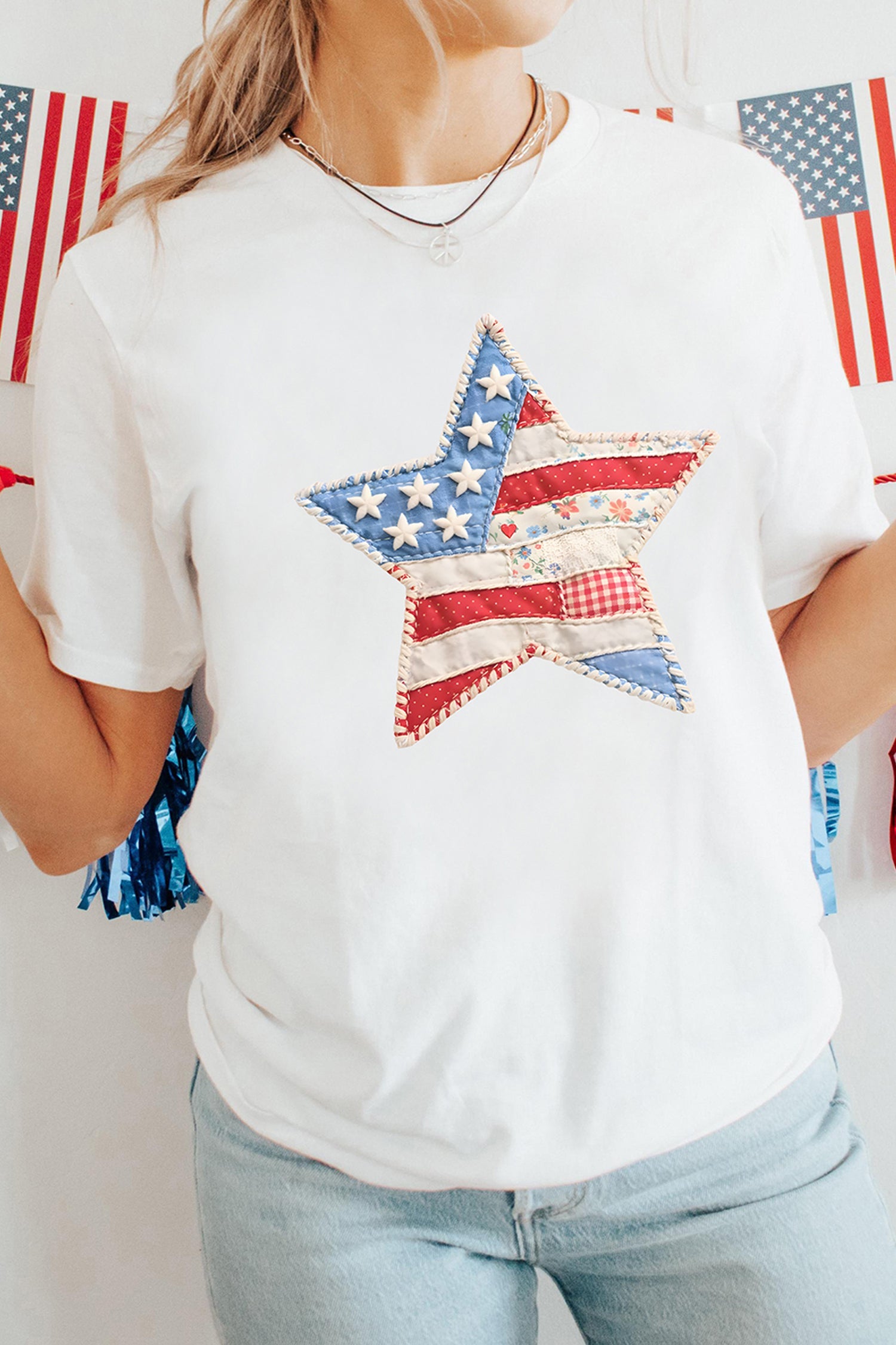 White Faux Patchwork Star Printed Patriotic Graphic Tee