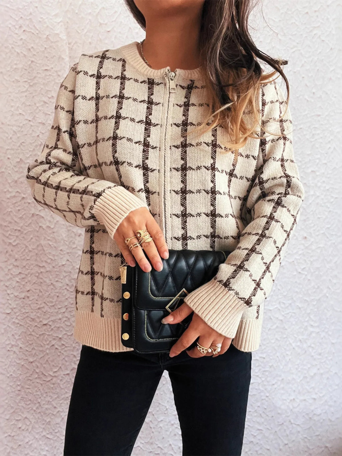 Plaid Zip-Up Cardigan with Gentle Stretch