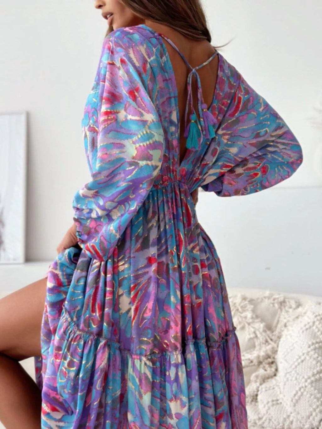 Printed V-Neck Balloon Sleeve Slit Maxi Dress