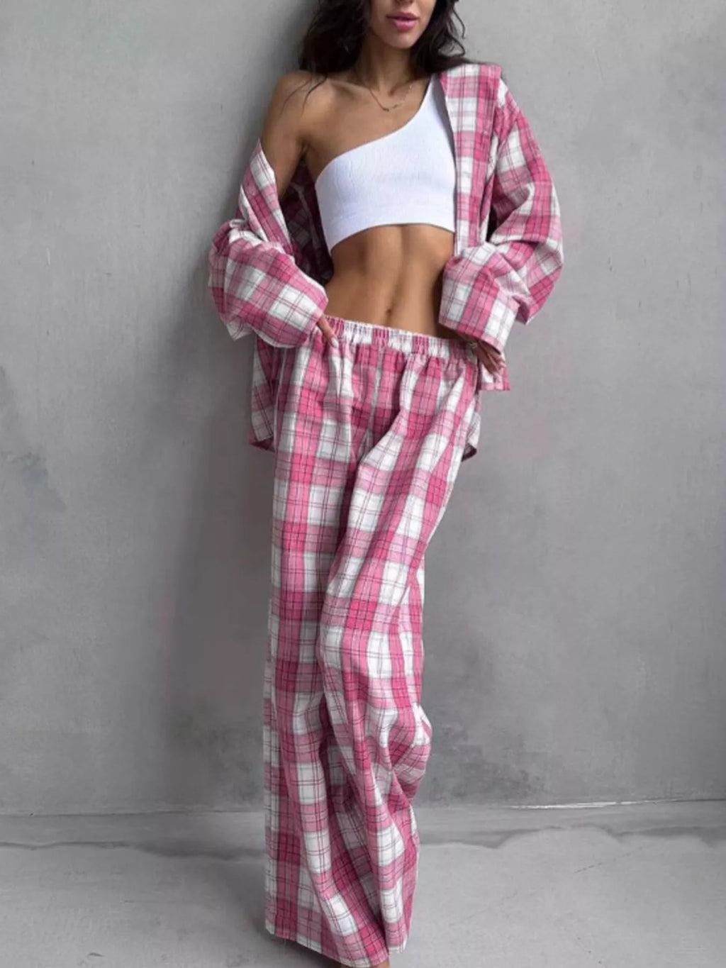 Plaid Long Sleeve Shirt and Pants Set
