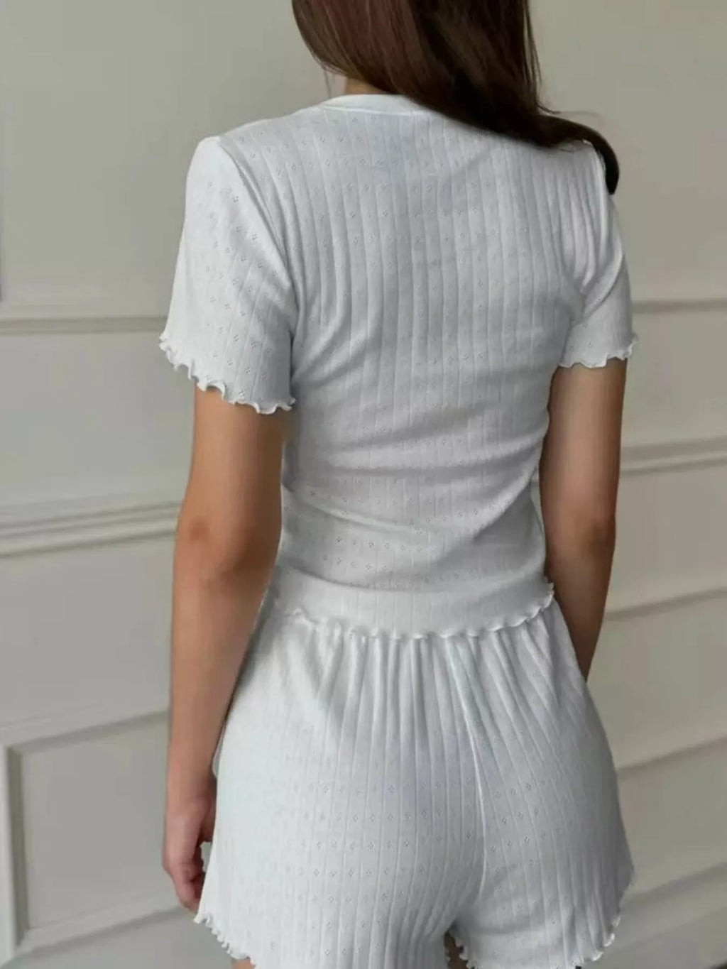 Ribbed Texture Top and Shorts Lounge Set with Lettuce Edge Trim