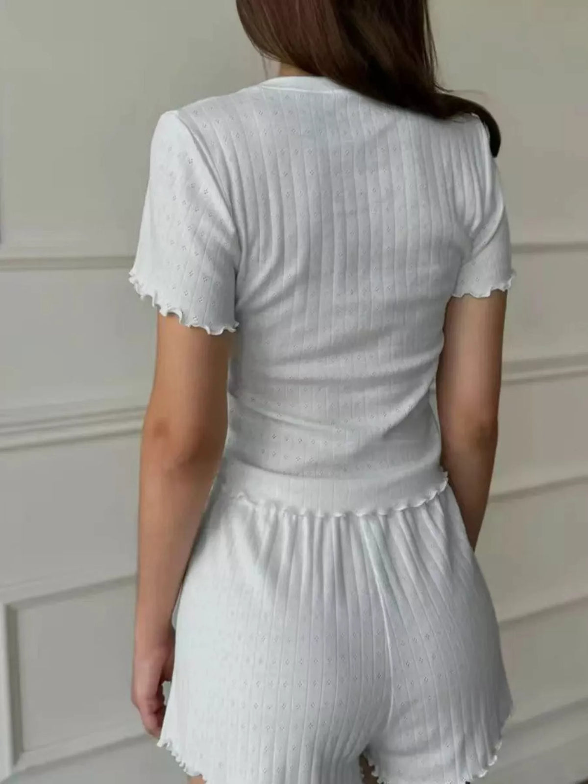 Ribbed Texture Top and Shorts Lounge Set with Lettuce Edge Trim