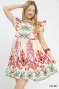 Umgee Mix Ruffle Sleeve Boho Print Dress