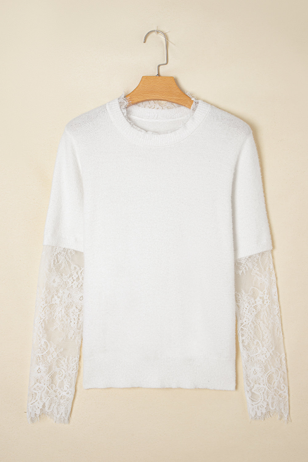 Lace Patchwork Sleeve Faux Two-Piece Fuzzy Sweater