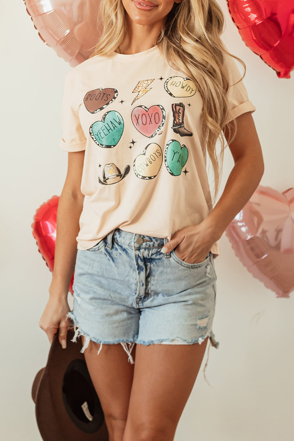 Khaki Western Fashion Valentine Graphic T-shirt