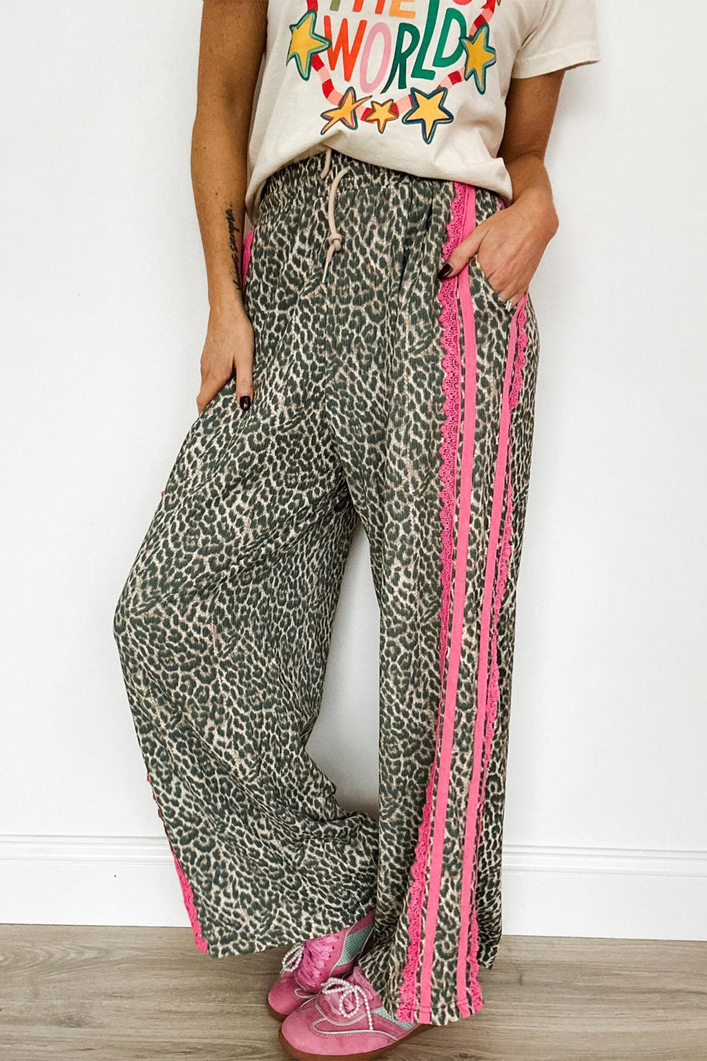 Brown Wild Leopard Print Contrast Lace Striped Detail Drawstring Pants