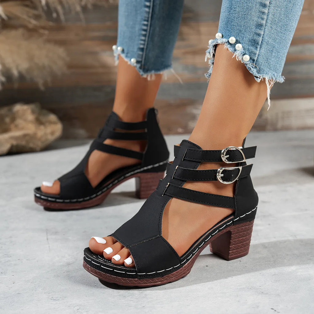 Block Heel Buckle Strap Sandals