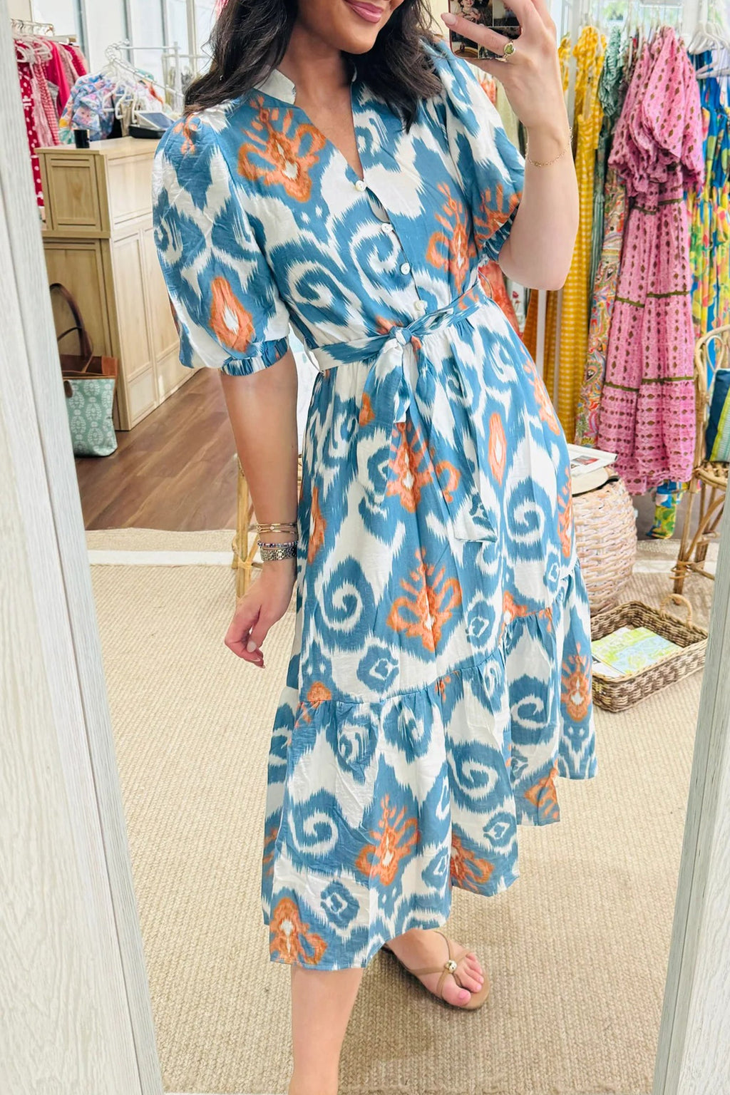Sky Blue Boho Floral Print Short Puff Sleeve Button Down Ruffle Hem Midi Dress