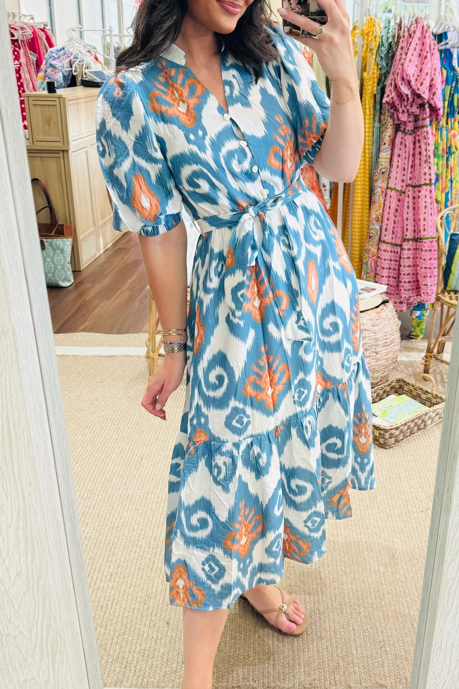 Sky Blue Boho Floral Print Short Puff Sleeve Button Down Ruffle Hem Midi Dress
