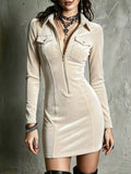 Velvet Zip-Front Utility Bodycon Mini Dress