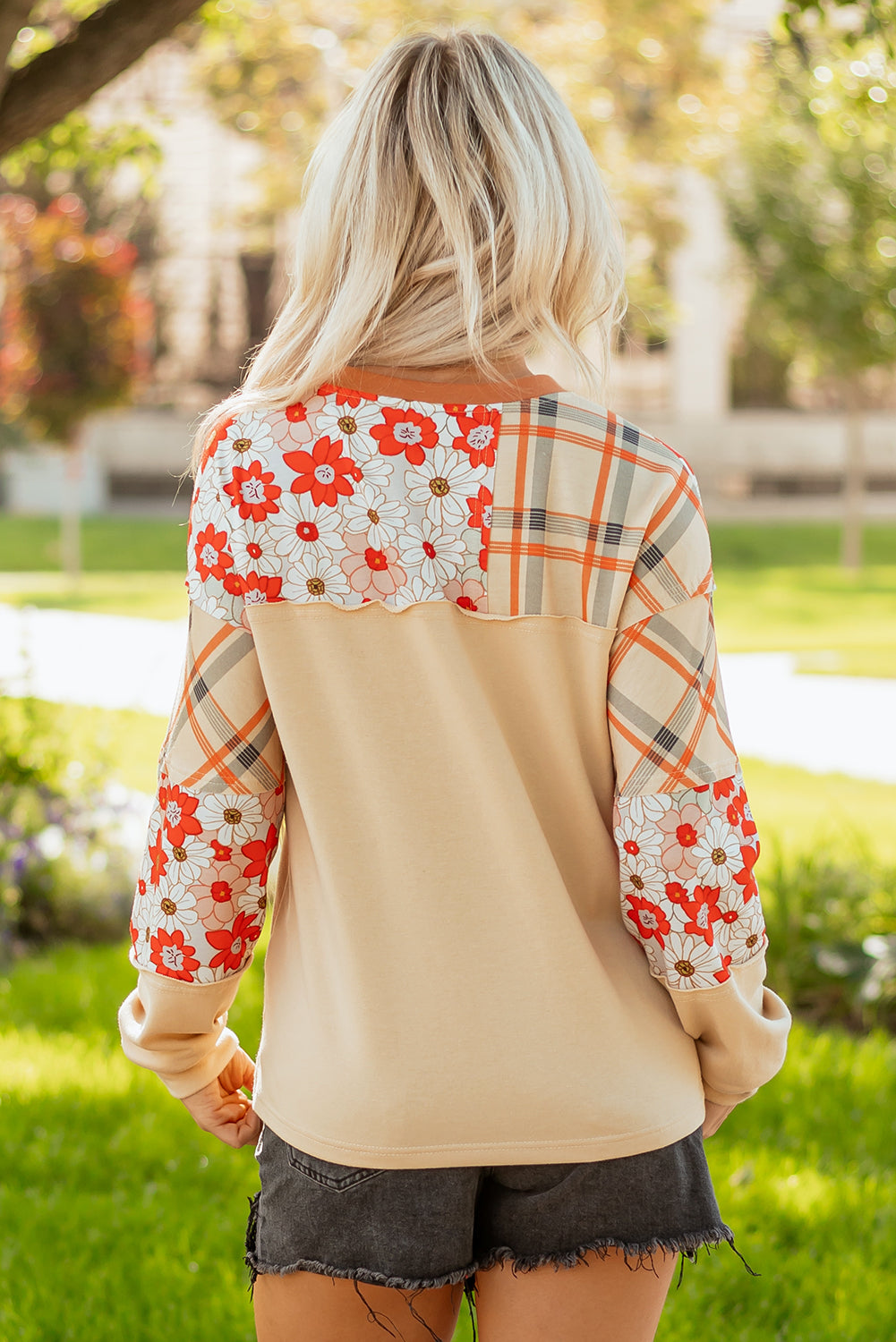 Parchment Floral Plaid Patchwork Casual Top