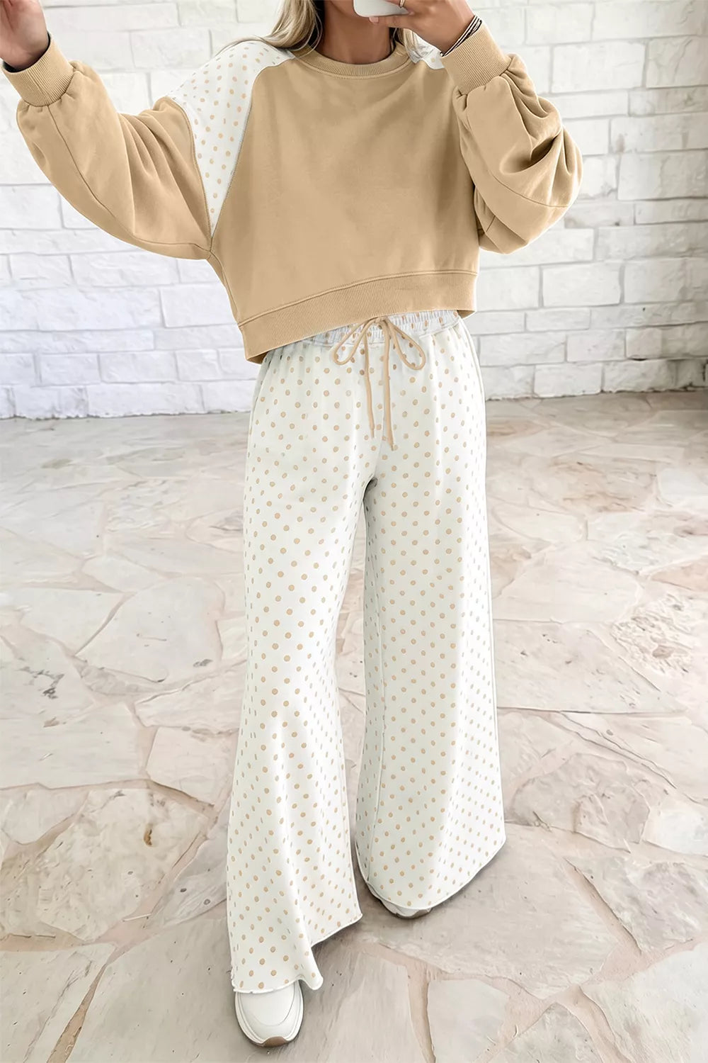 Polka Dot Patchwork Colorblock Long Sleeve Casual Two Piece Pants Set