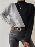 Color Block Cable Knit Mock Neck Sweater
