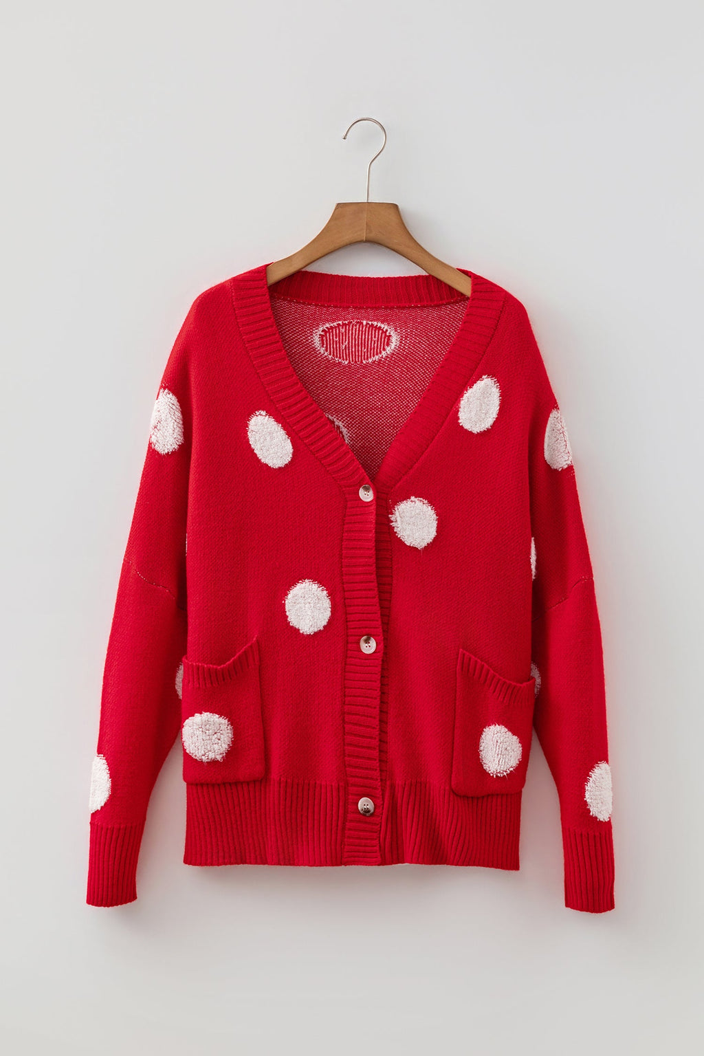 Beige Polka Dot Button Front Oversized V Neck Cardigan