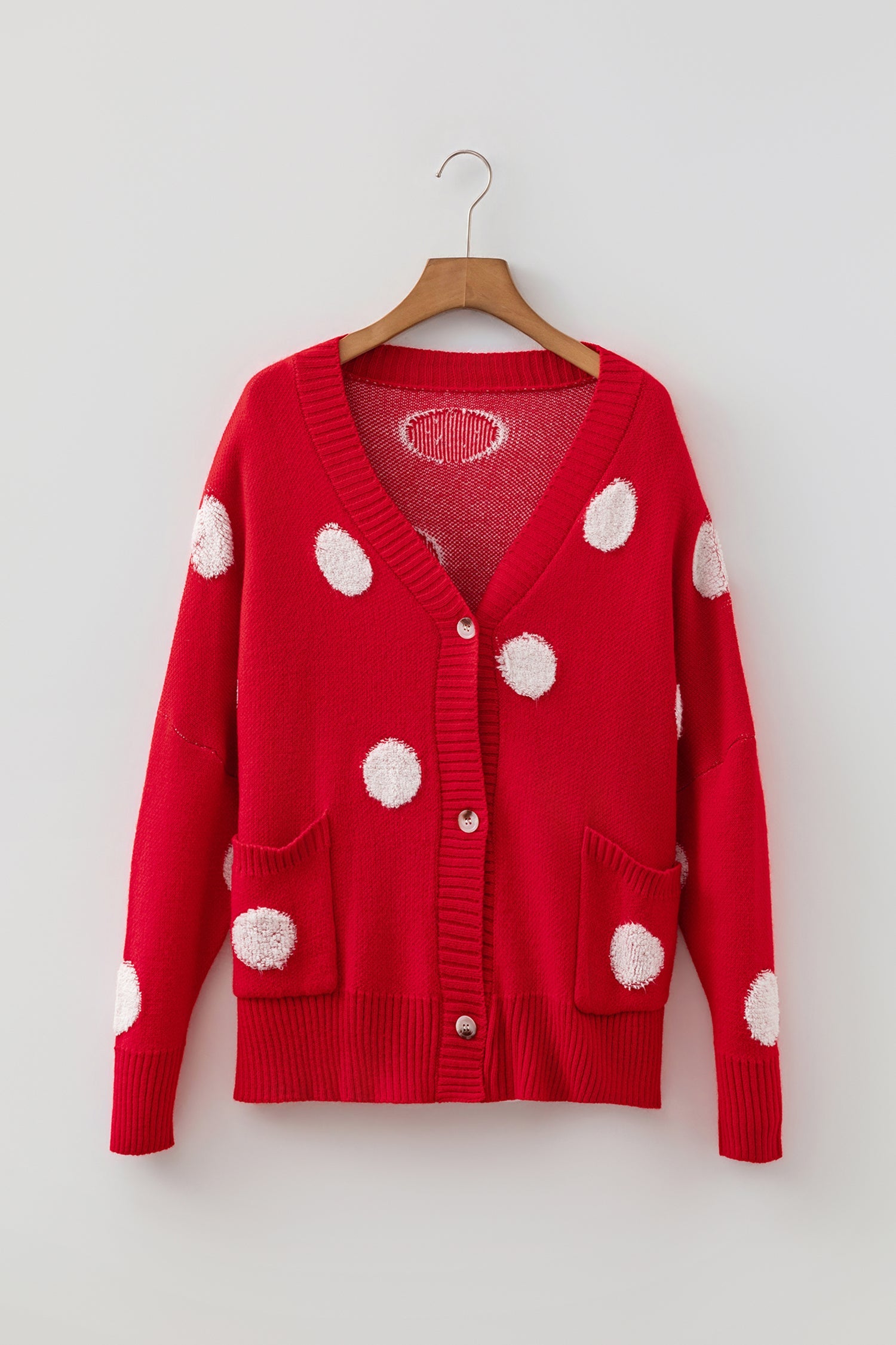 Beige Polka Dot Button Front Oversized V Neck Cardigan