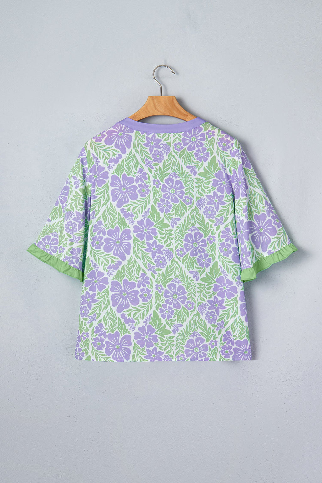 Purple Floral Print Ruffled Color Block Trim Half Sleeve Blouse
