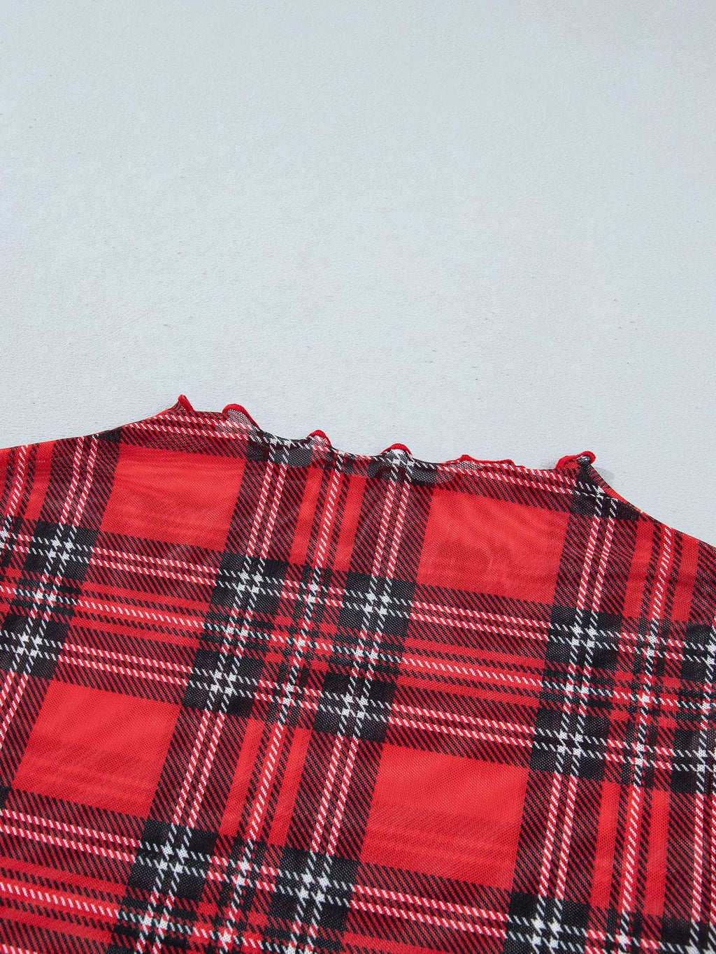 Sheer Plaid Mock Neck Long Sleeve Blouse