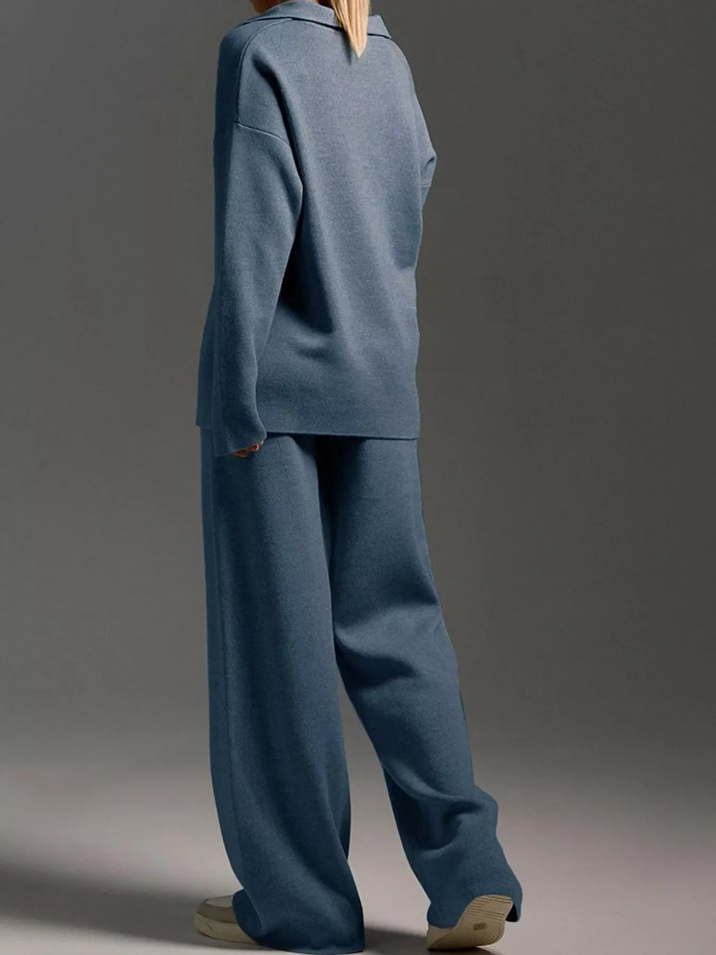 Polo Collar Top and Wide-Leg Pants Set