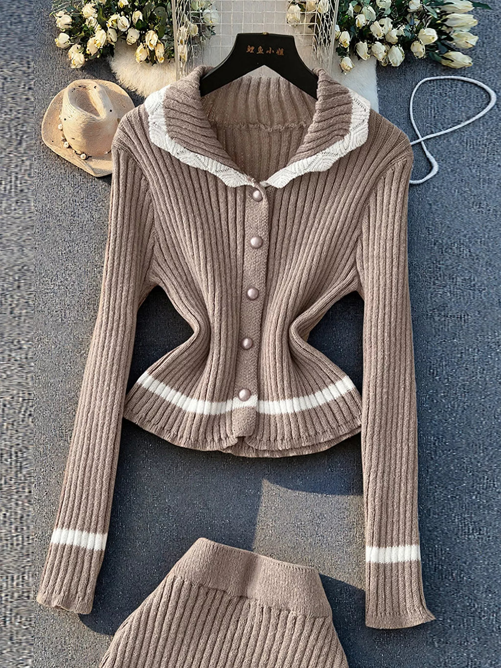 Ribbed Knit Cardigan and Skirt Sweater Set