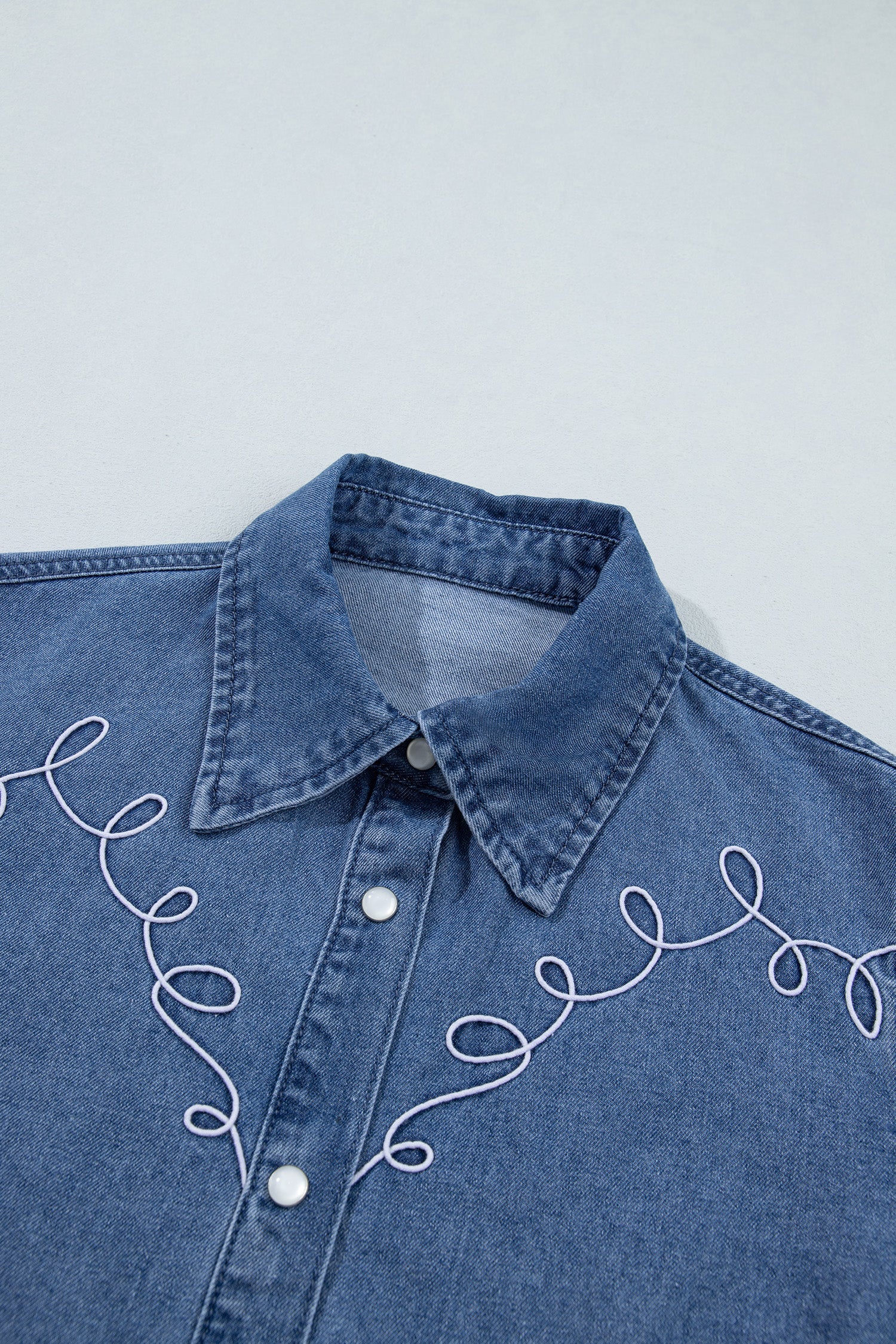 Dusk Blue Western Embroidered Collar Long Sleeve Denim Shirt