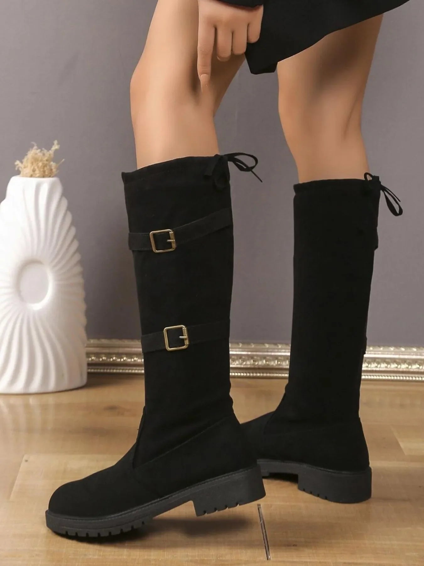Suede Knee-High Combat Boots with Double Buckle Straps