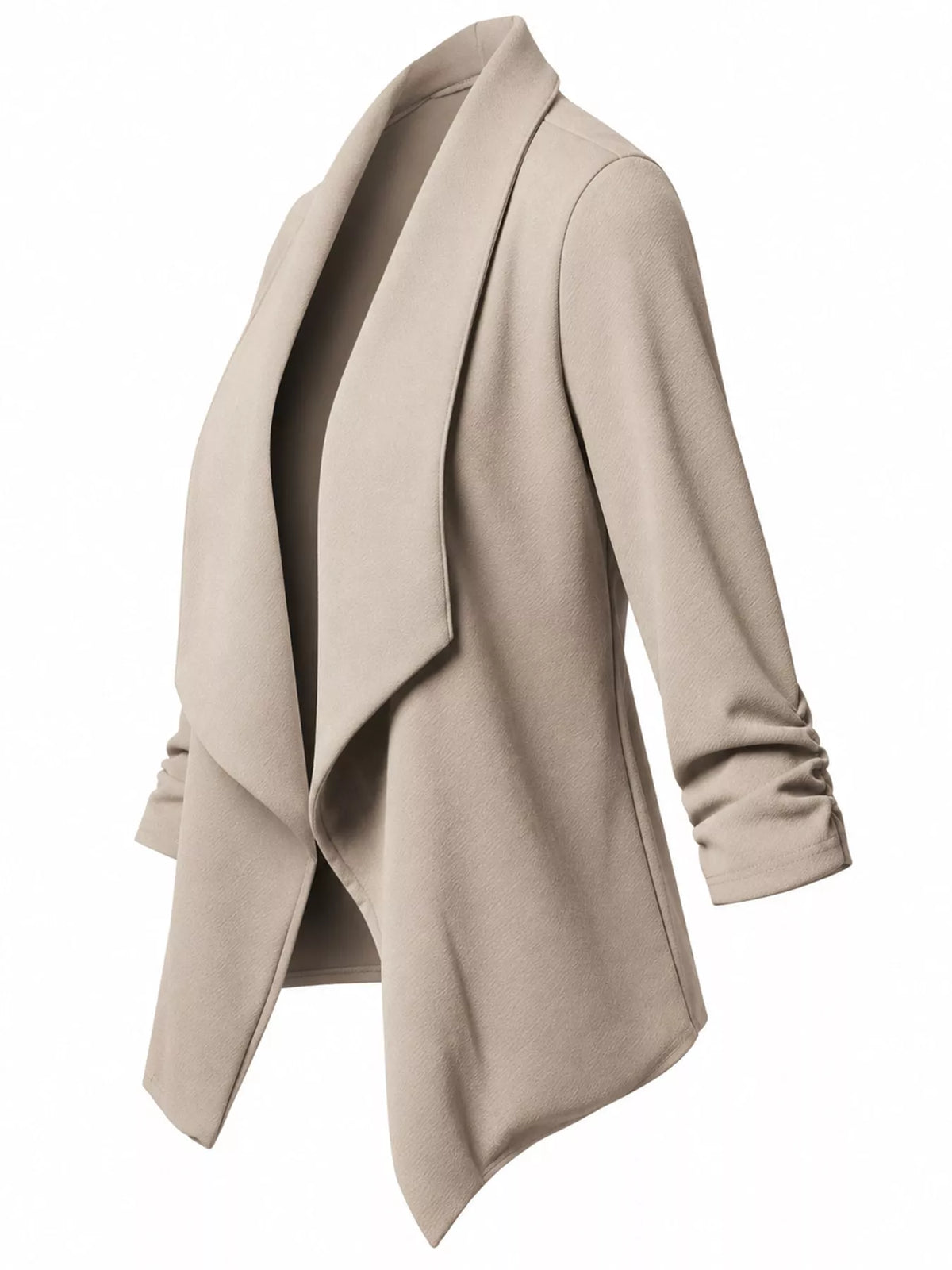 Full Size Open Front Drape Blazer with 3/4 Ruched Sleeves Plus Size