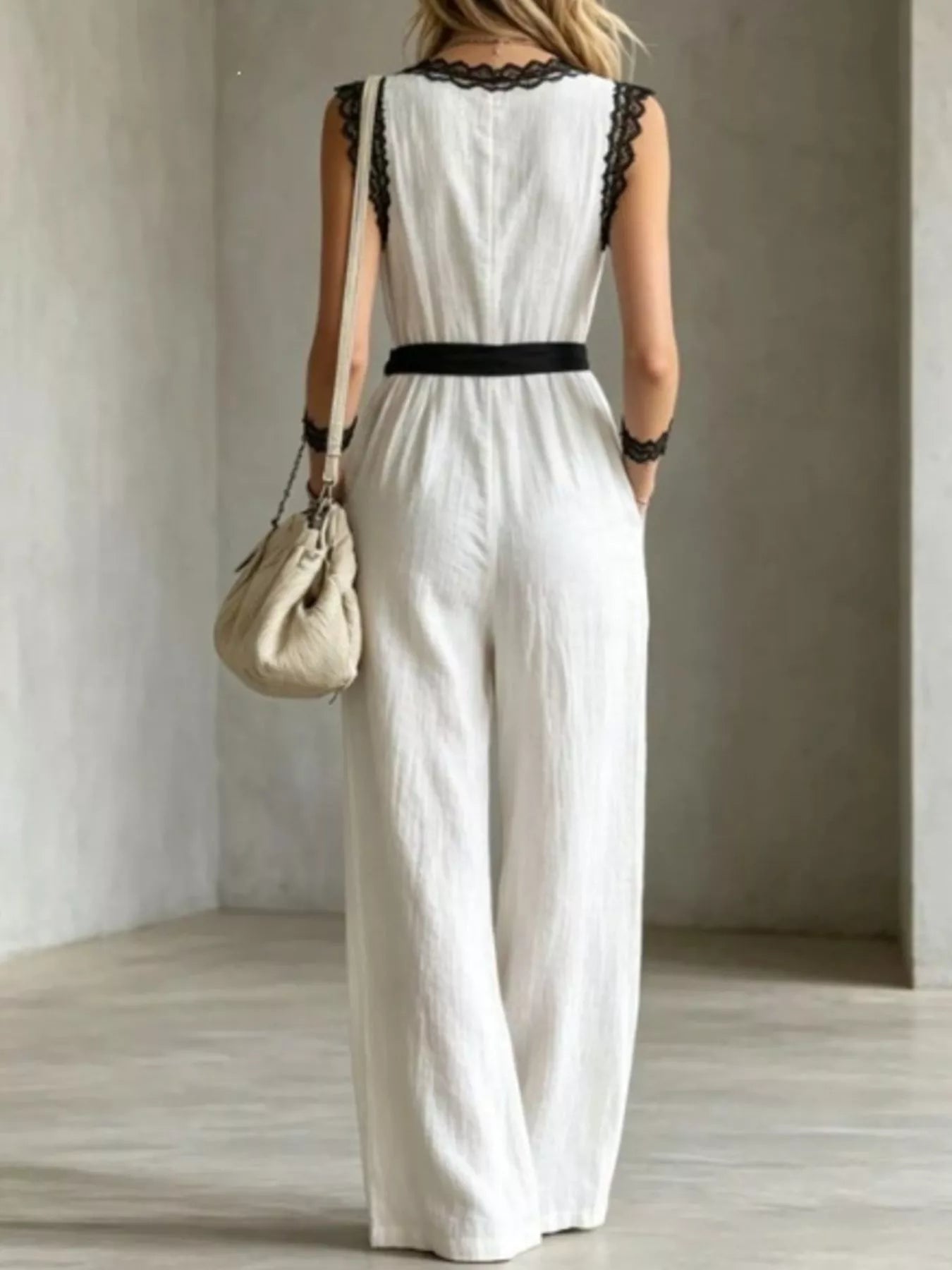 Lace Trim Sleeveless Wide Leg Jumpsuit