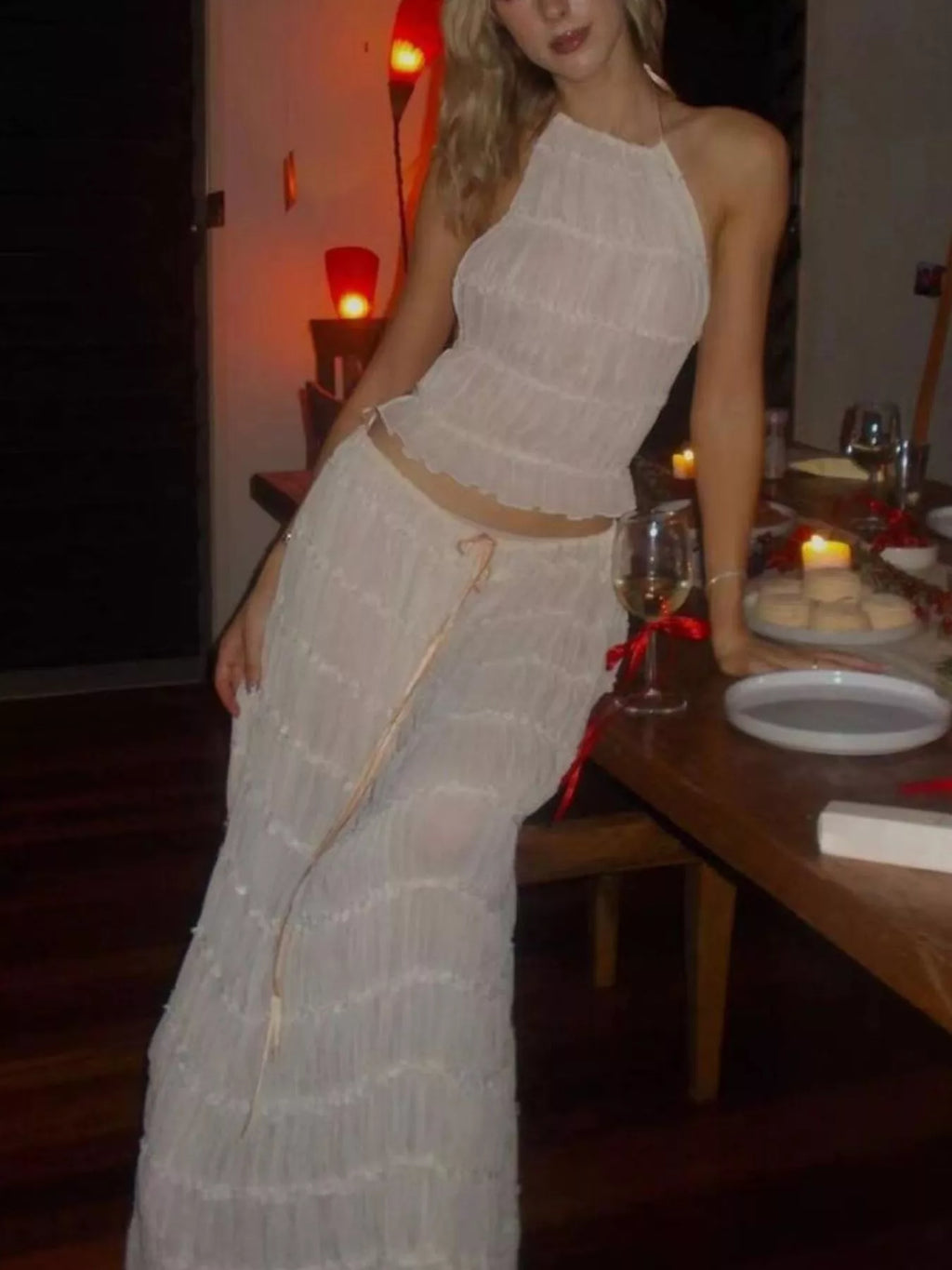 Boho Chic Ruffled Halter Crop Top and Maxi Skirt Set