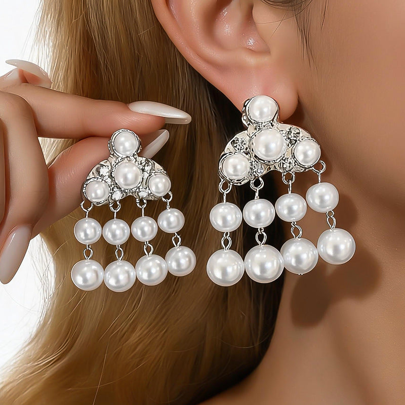 Women French Retro Rhinestone Pearl Tassel Dangle Stud Earrings,Vintage Style Heavy Craft Elegant Versatile Fashion Jewelry For Daily Banquet Occasion