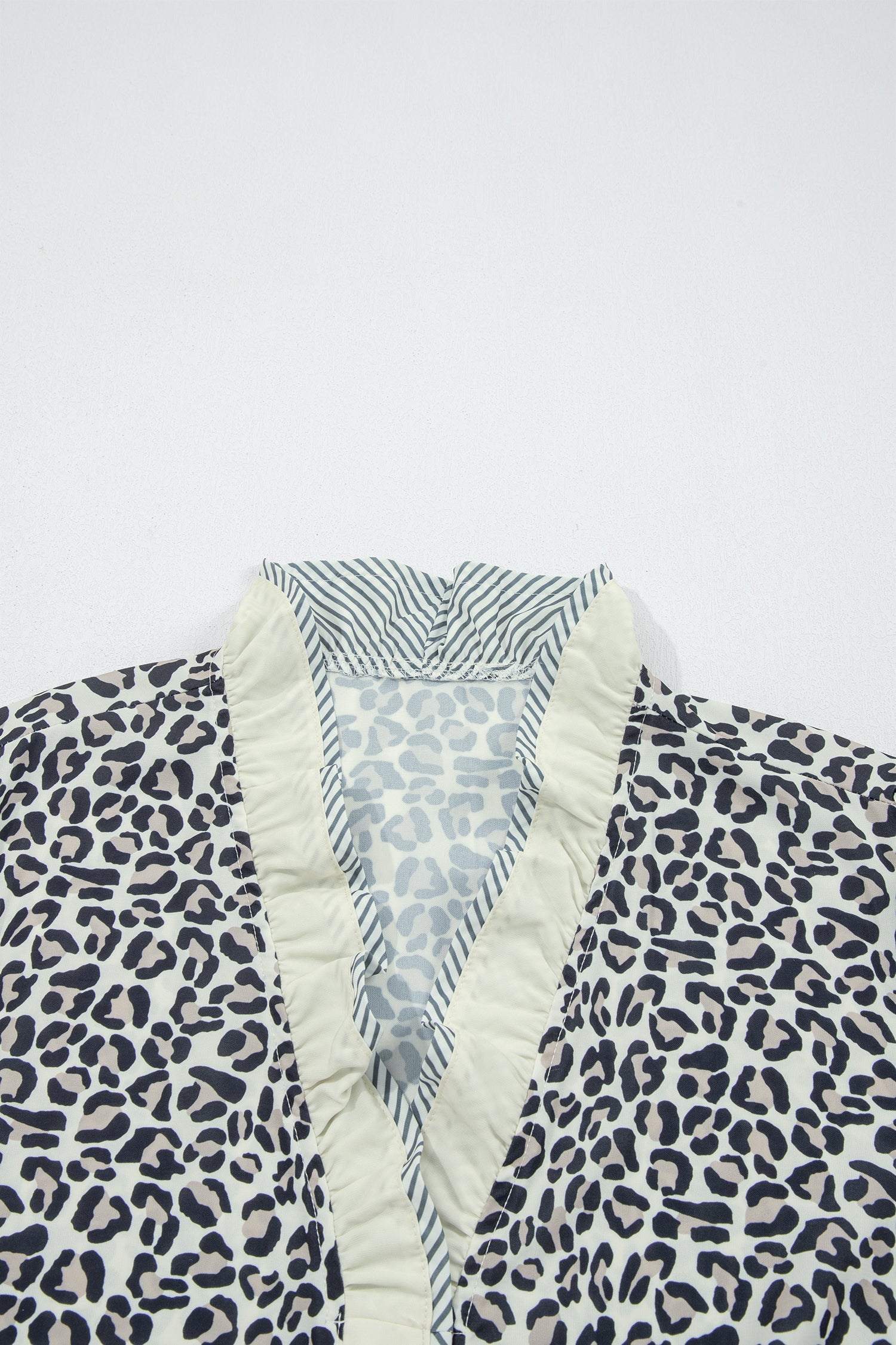 Black Plus Leopard Print Striped Color Block Trim Frilled V Neck Short Sleeve Blouse