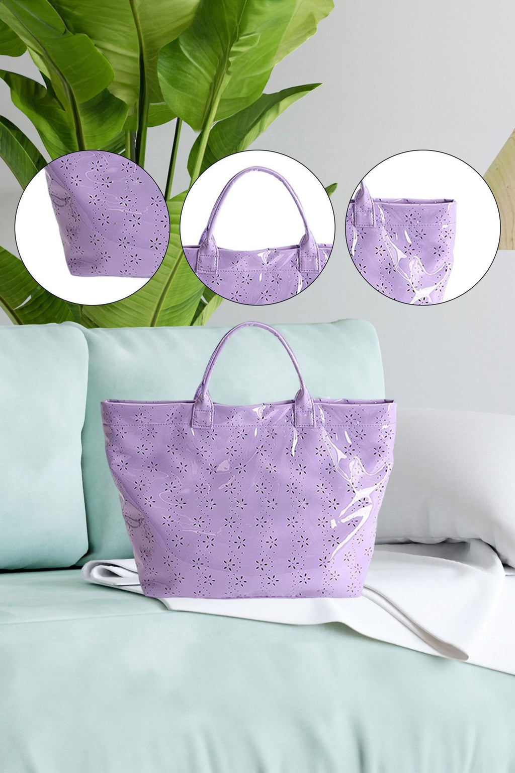 Orchid Eyelet Flower Pattern PVC Glossy Waterproof Tote Bag