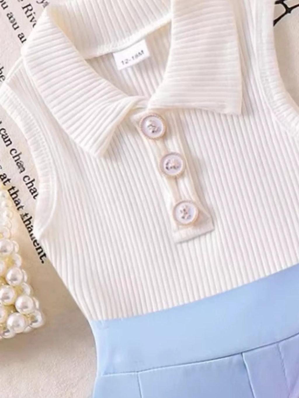 Children's Ribbed Knit Polo Top and Scalloped Pocket Shorts Set