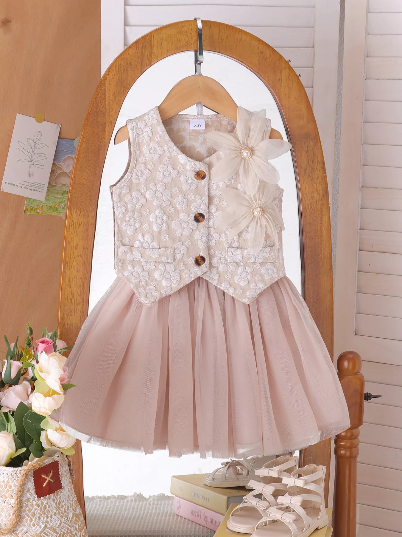 Children's Flower Button Up Vest and Skirt Set