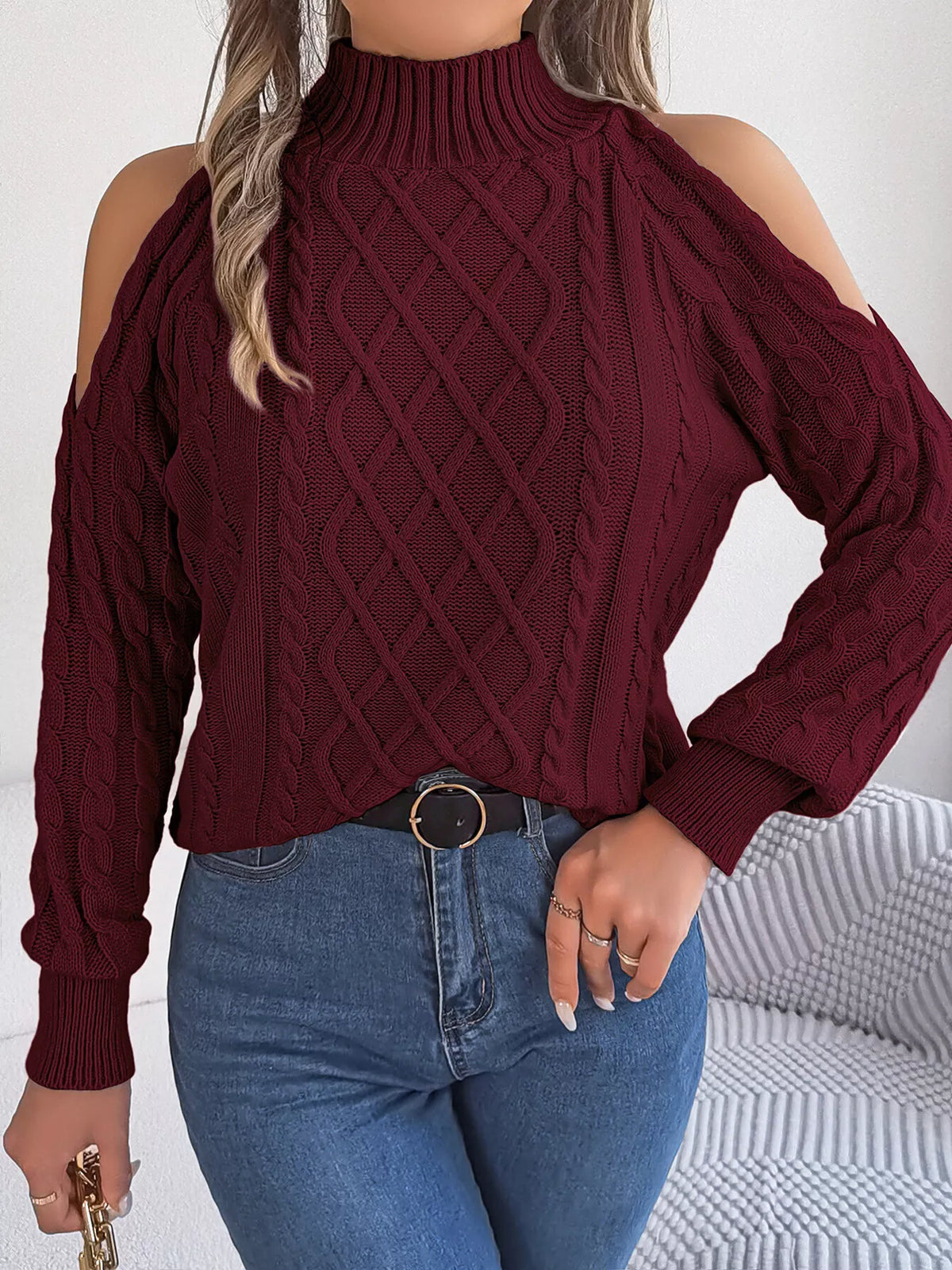 Cold-Shoulder Cable Knit Sweater