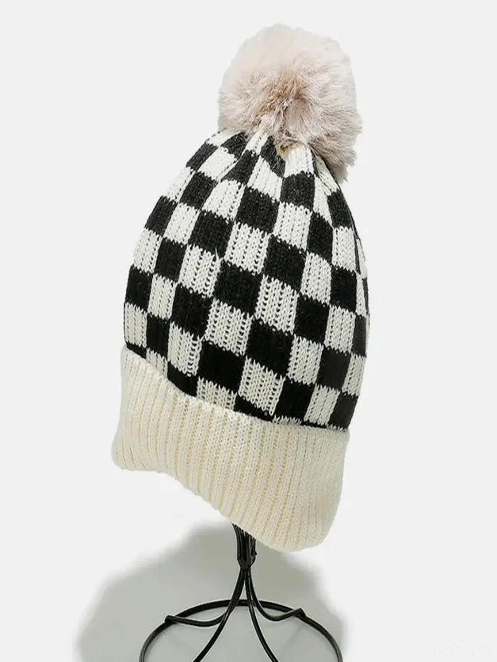 Checkered Knit Beanie with Pompom