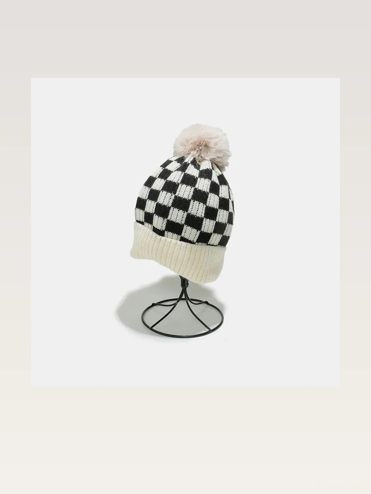 Checkered Knit Beanie with Pompom