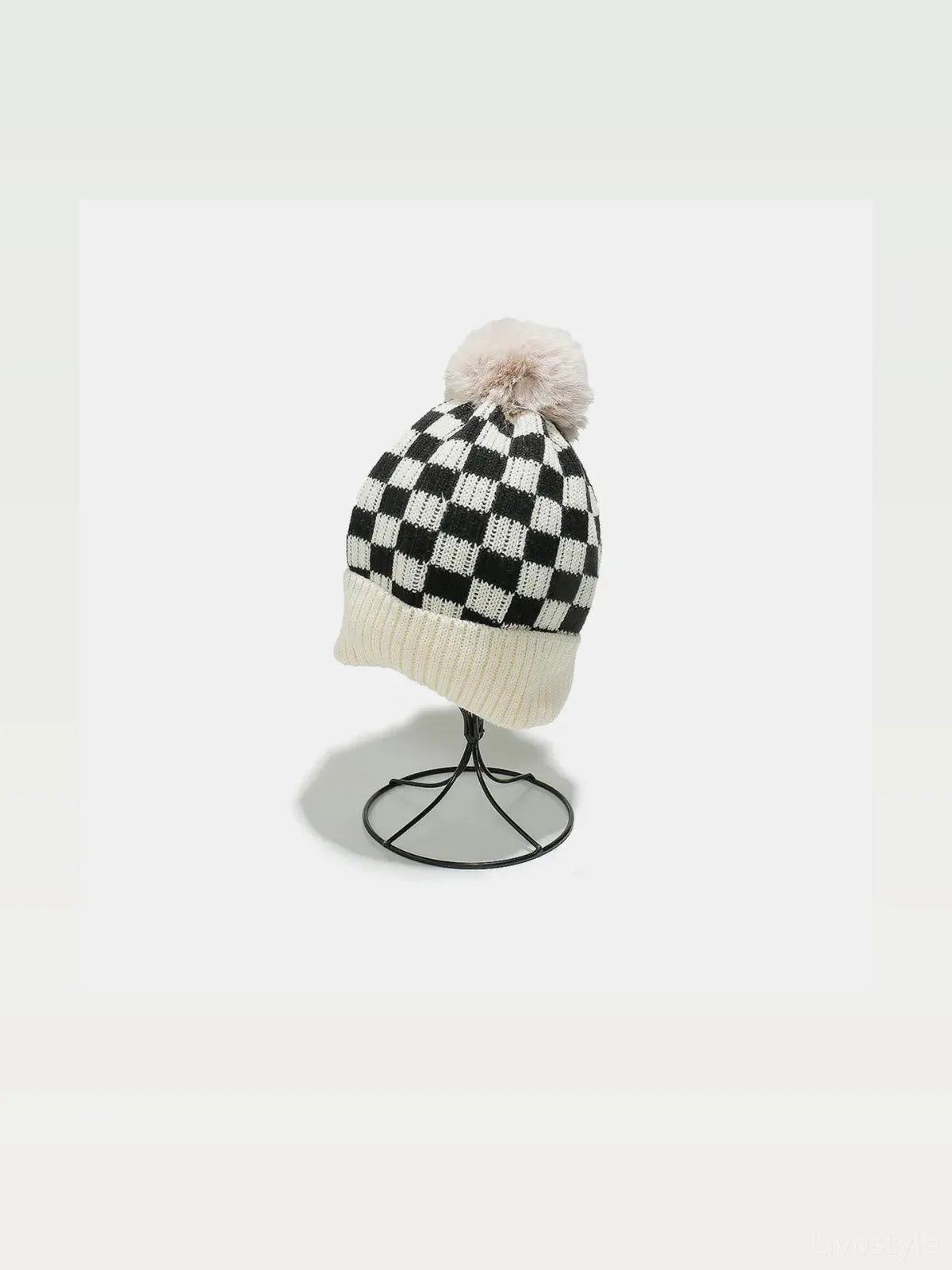 Checkered Knit Beanie with Pompom