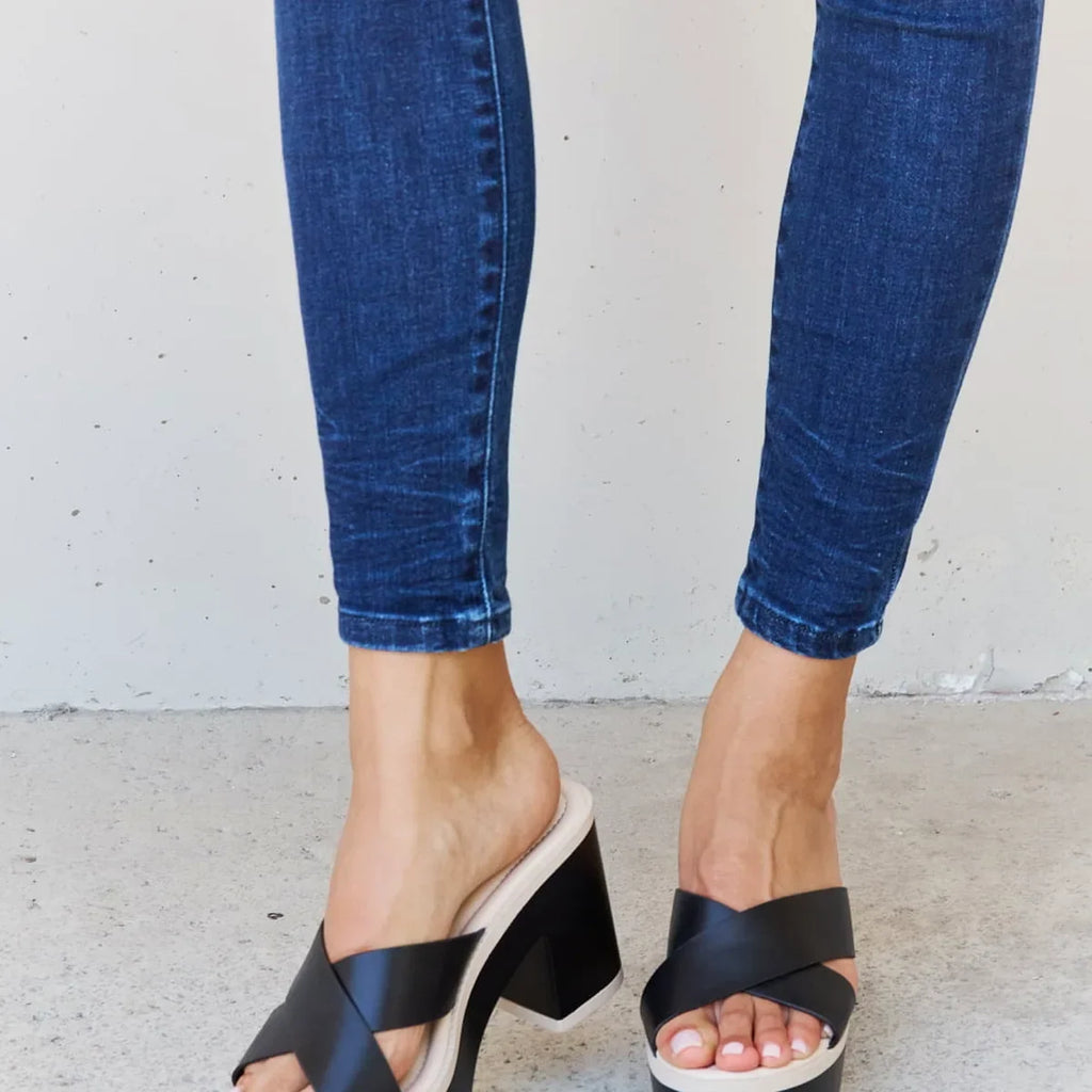 Contrast Platform Block Heel Sandals with Criss-Cross Straps
