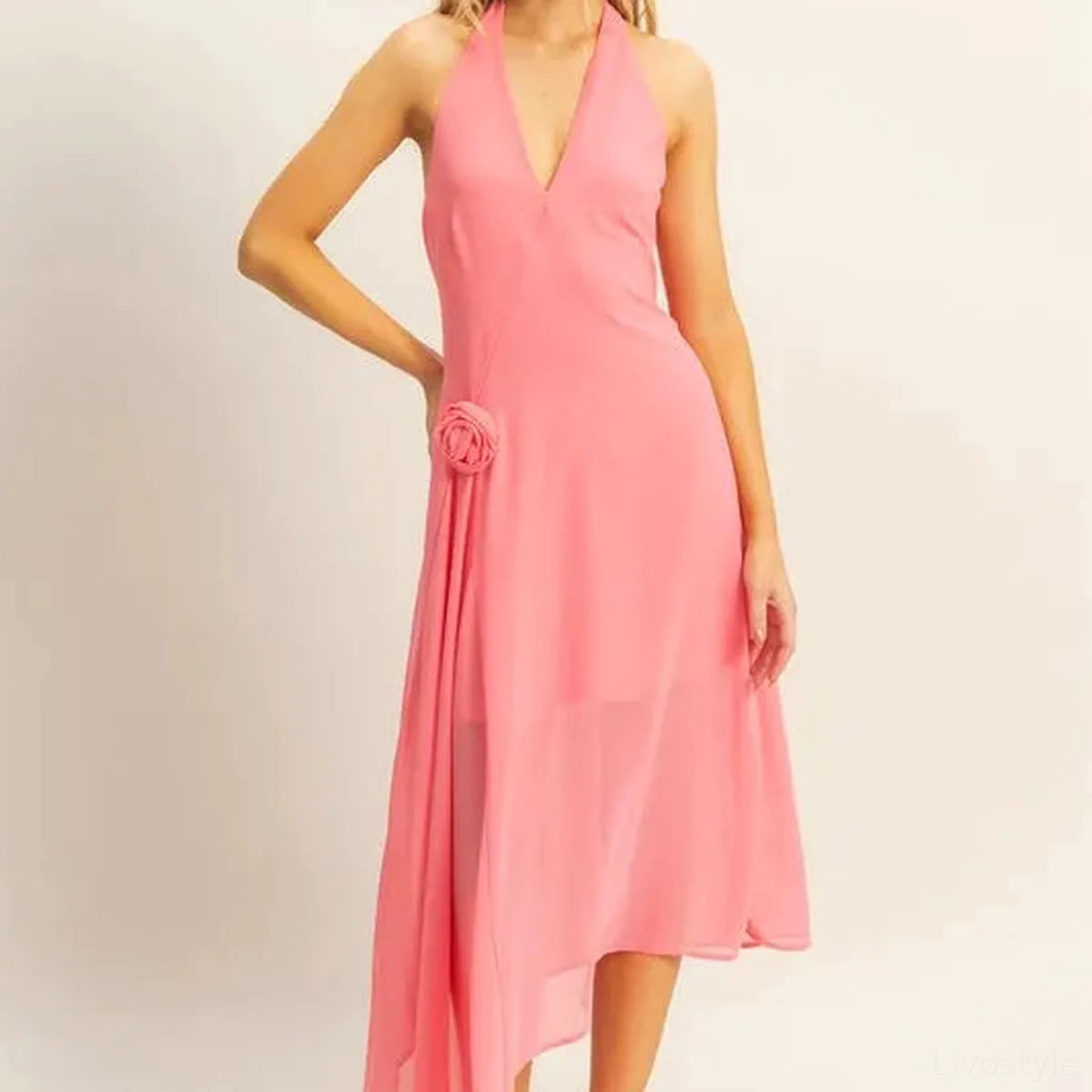 Chiffon Halter Midi Dress with Asymmetrical Hem and Flower Applique