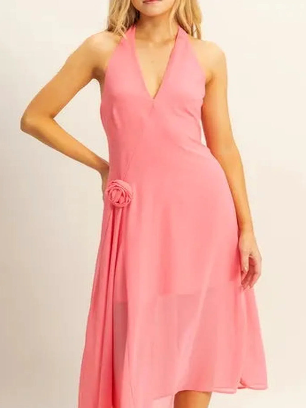 Chiffon Halter Midi Dress with Asymmetrical Hem and Flower Applique
