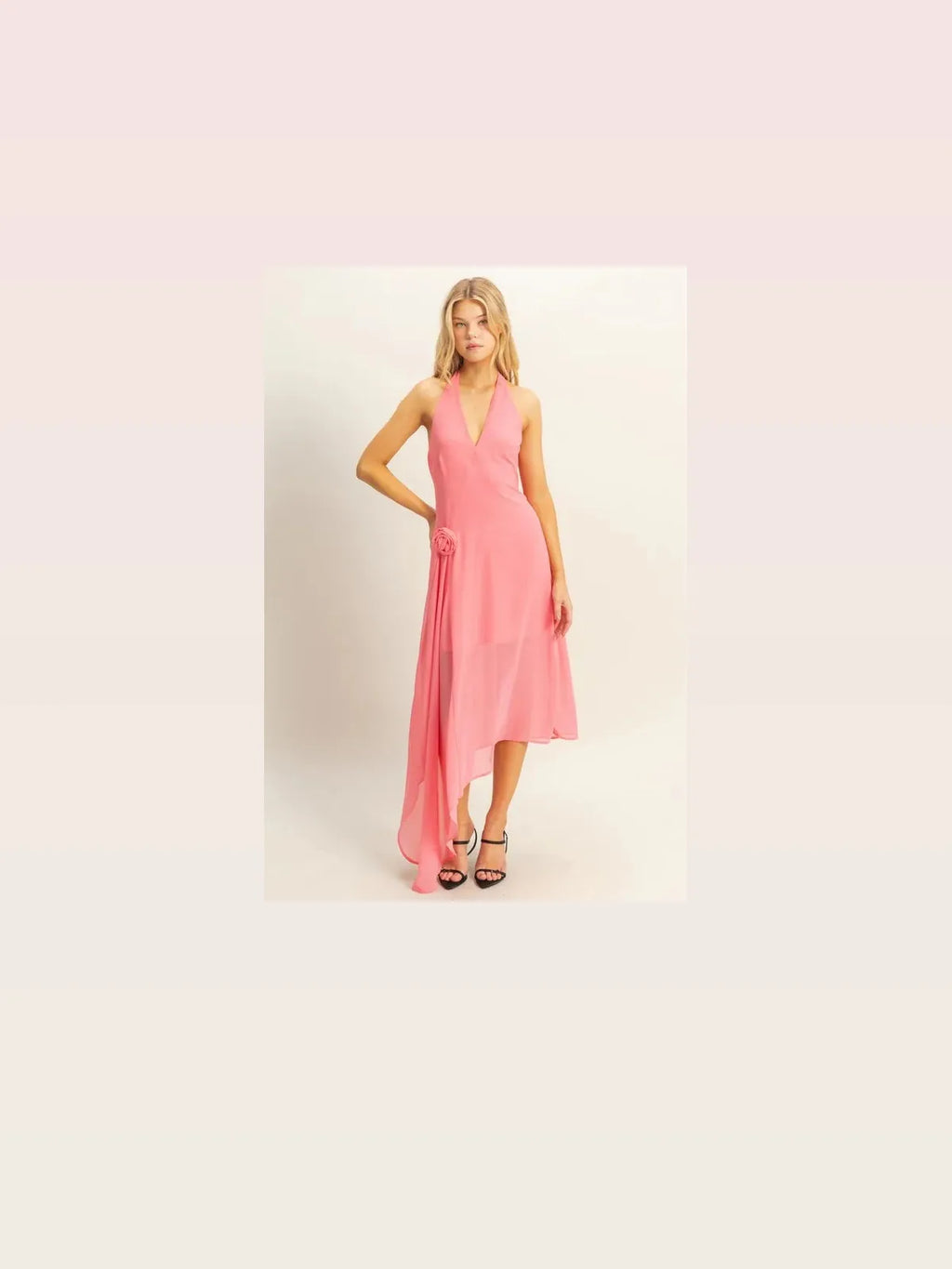 Chiffon Halter Midi Dress with Asymmetrical Hem and Flower Applique