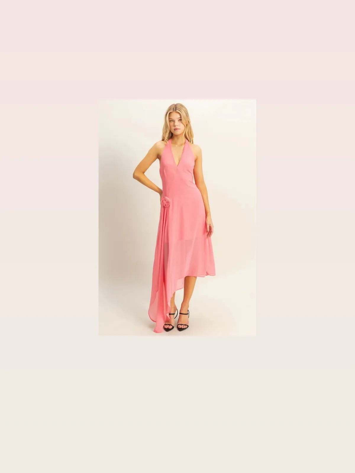 Chiffon Halter Midi Dress with Asymmetrical Hem and Flower Applique