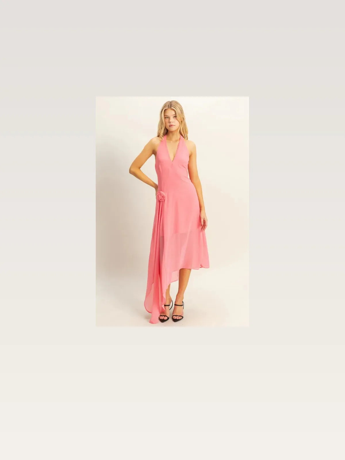 Chiffon Halter Midi Dress with Asymmetrical Hem and Flower Applique