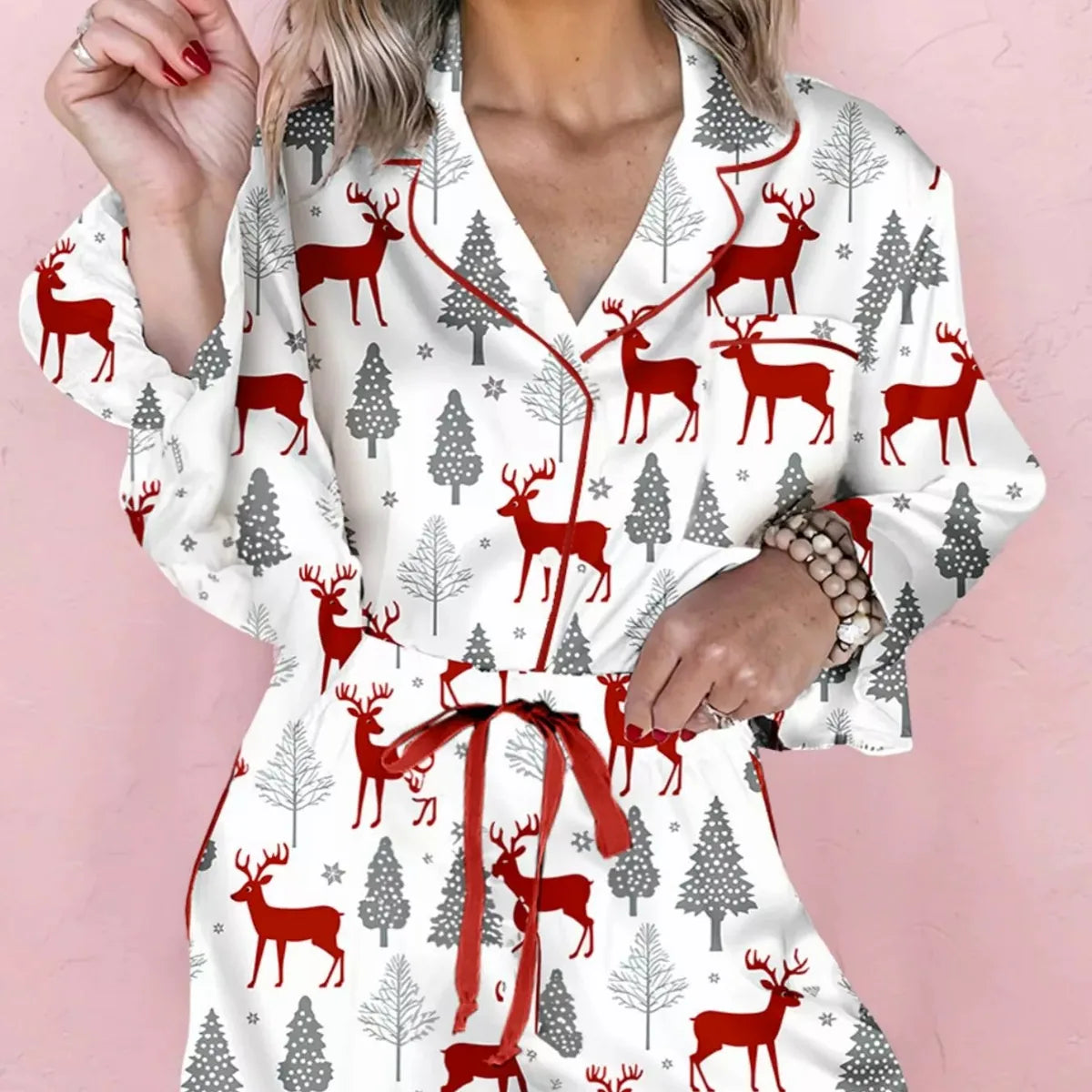Christmas Deer Print Velvet Trim Top and Shorts Pajama Set
