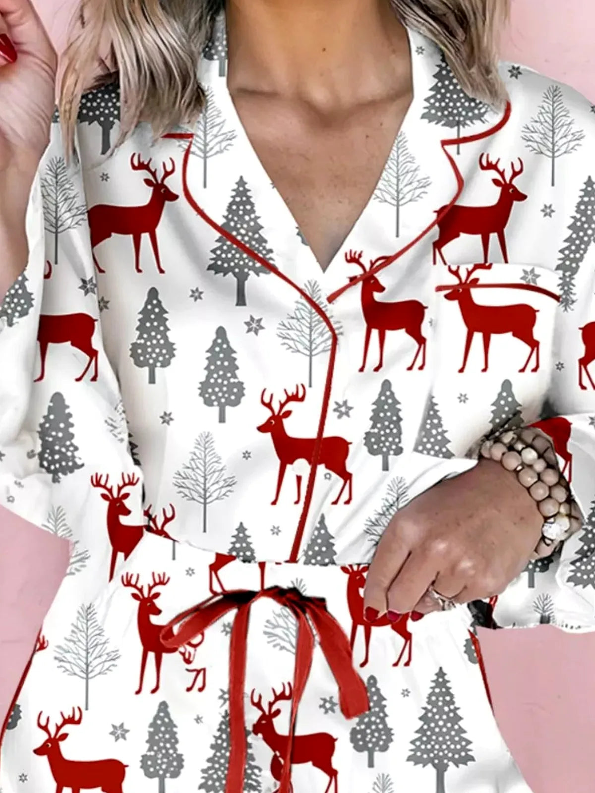 Christmas Deer Print Velvet Trim Top and Shorts Pajama Set