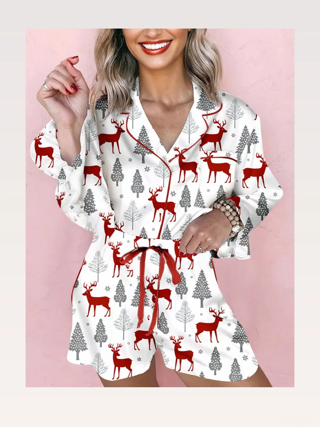 Christmas Deer Print Velvet Trim Top and Shorts Pajama Set