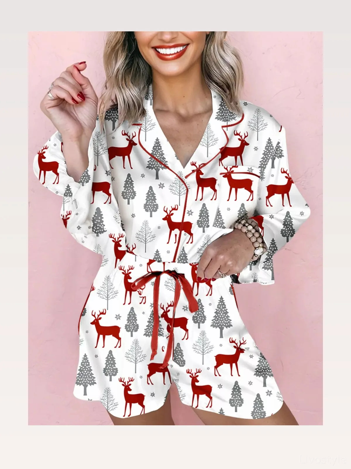 Christmas Deer Print Velvet Trim Top and Shorts Pajama Set