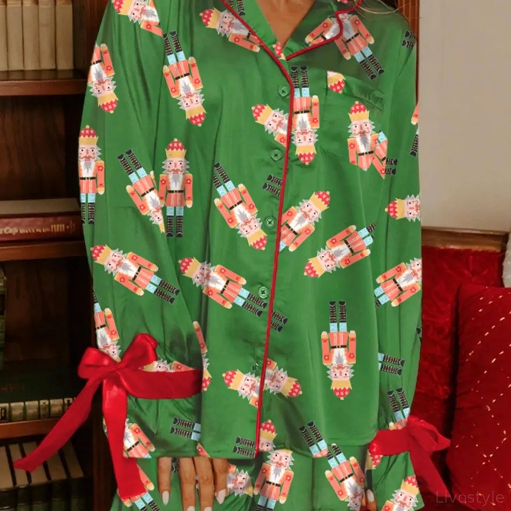 Green Christmas Nutcracker Button-Up Top and Shorts Lounge Set