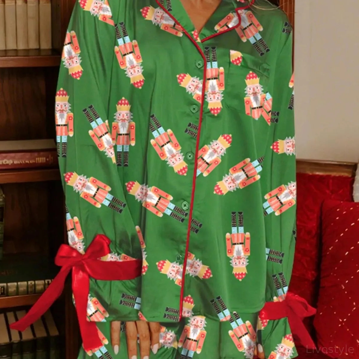 Green Christmas Nutcracker Button-Up Top and Shorts Lounge Set